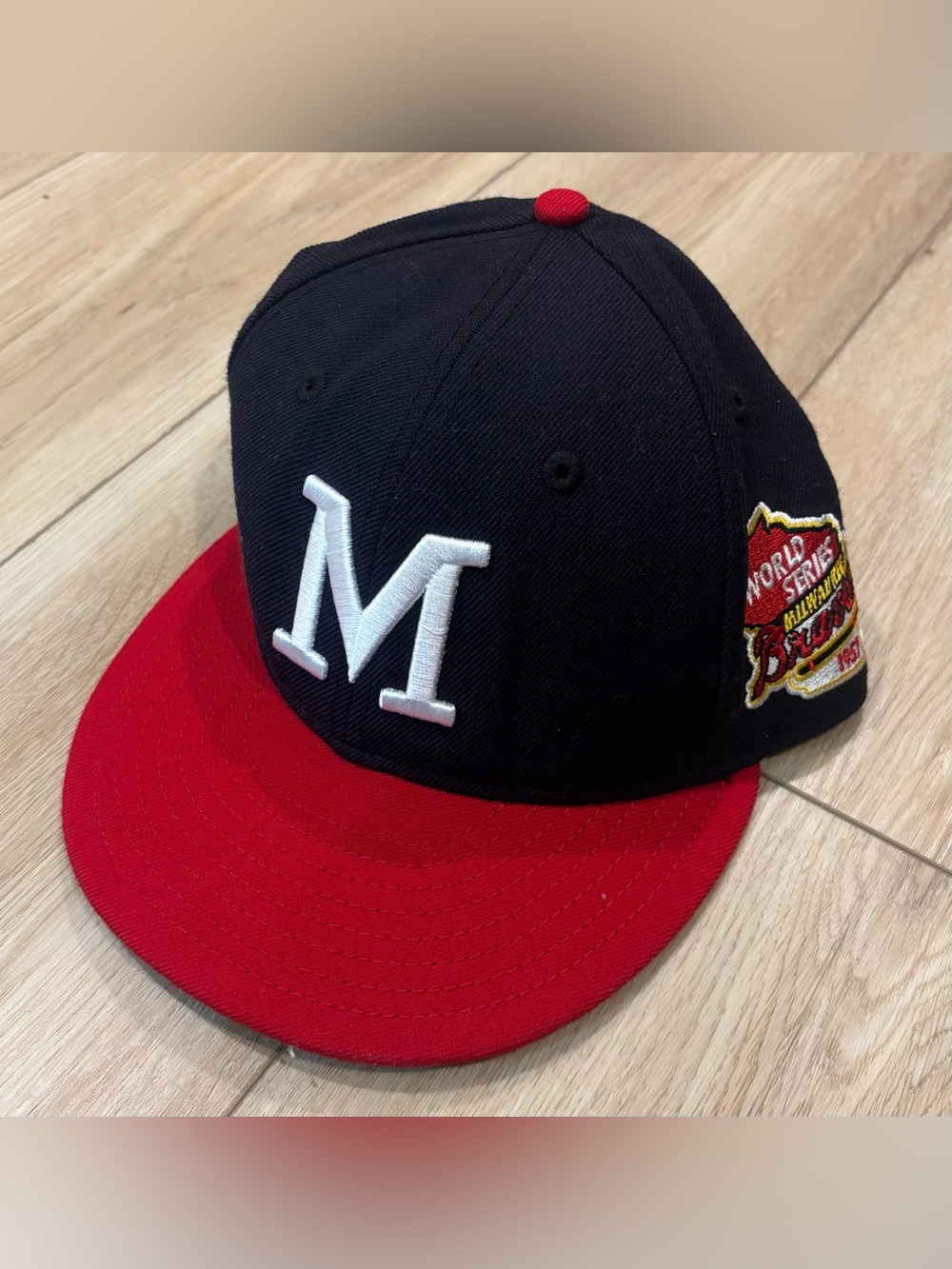 New Era 59Fifty Navy Milwaukee Braves 1957 WS Green Under Visor Size 7 100% Wool